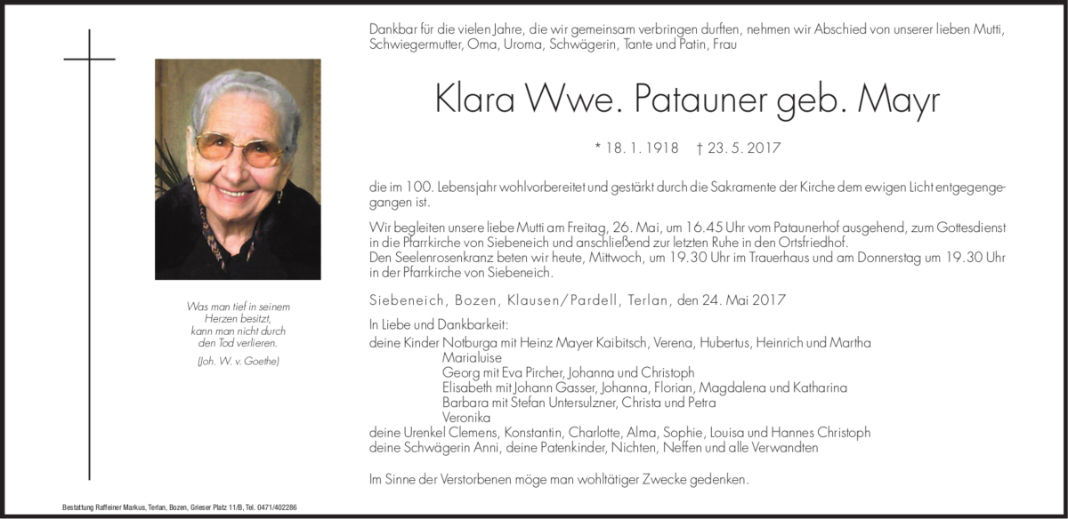  Traueranzeige für Klara Patauner vom 24.05.2017 aus Dolomiten