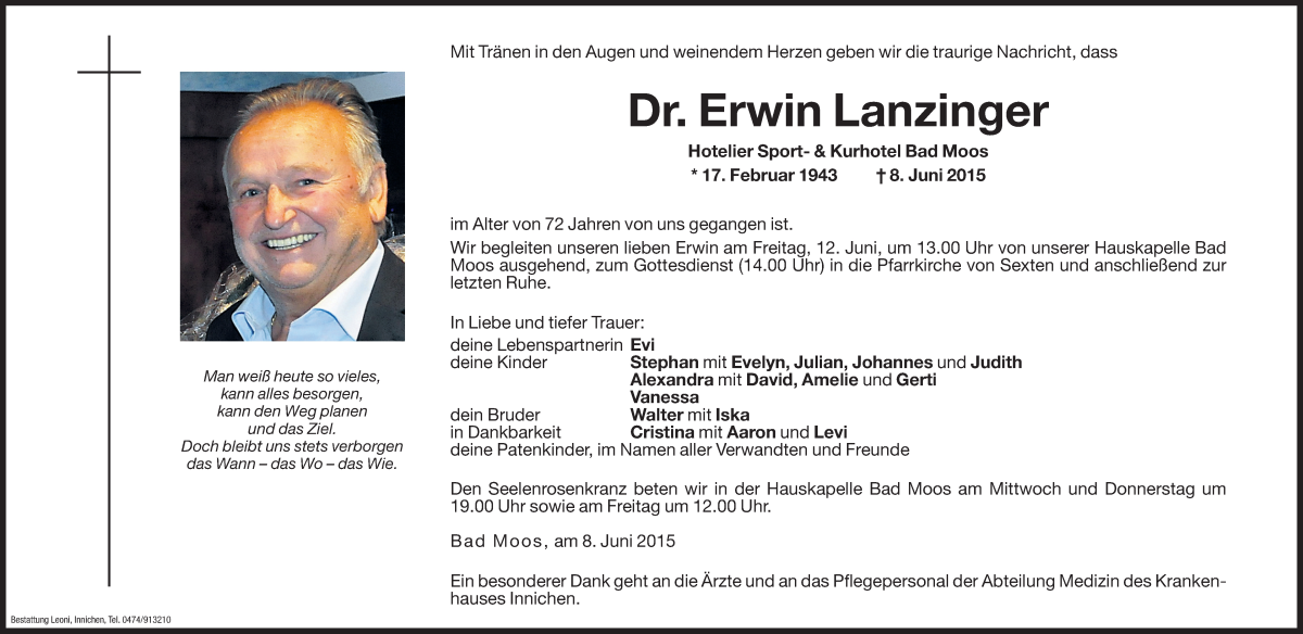  Traueranzeige für Erwin Lanzinger vom 10.06.2015 aus Dolomiten