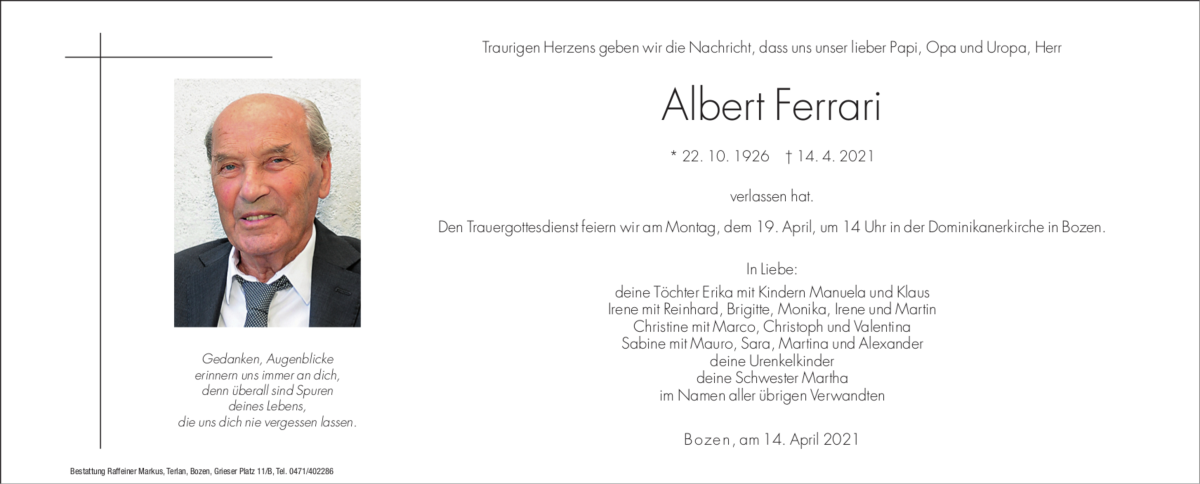  Traueranzeige für Albert Ferrari vom 16.04.2021 aus Dolomiten
