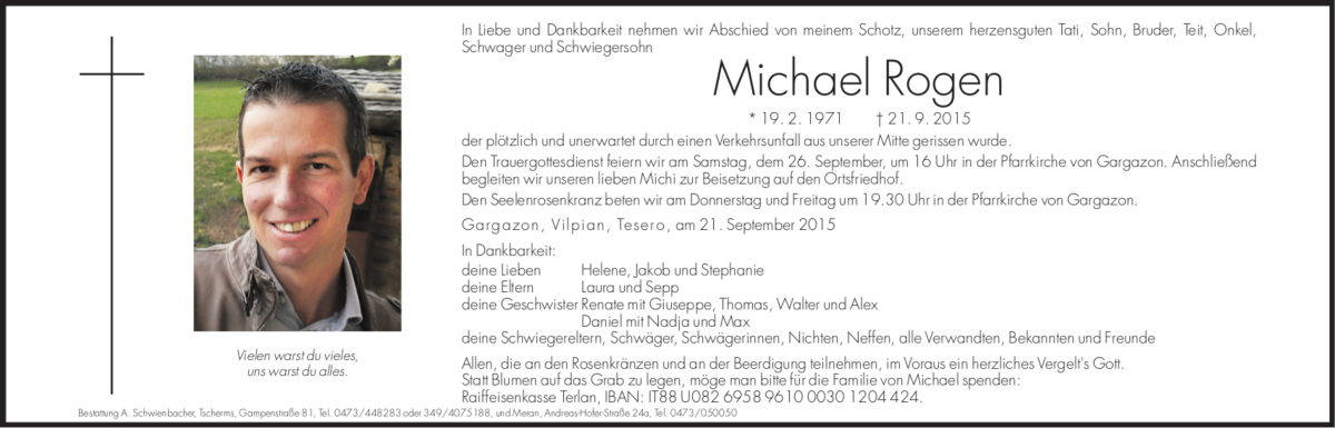  Traueranzeige für Michael Rogen vom 23.09.2015 aus Dolomiten