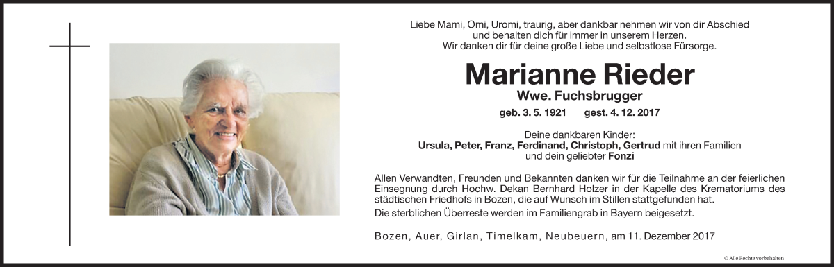  Traueranzeige für Marianne Fuchsbrugger vom 11.12.2017 aus Dolomiten