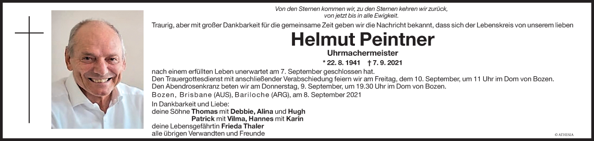  Traueranzeige für Helmut Peintner vom 08.09.2021 aus Dolomiten