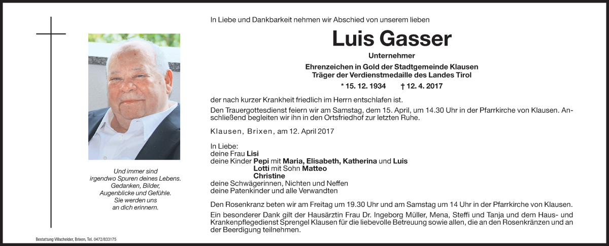  Traueranzeige für Luis Gasser vom 14.04.2017 aus Dolomiten