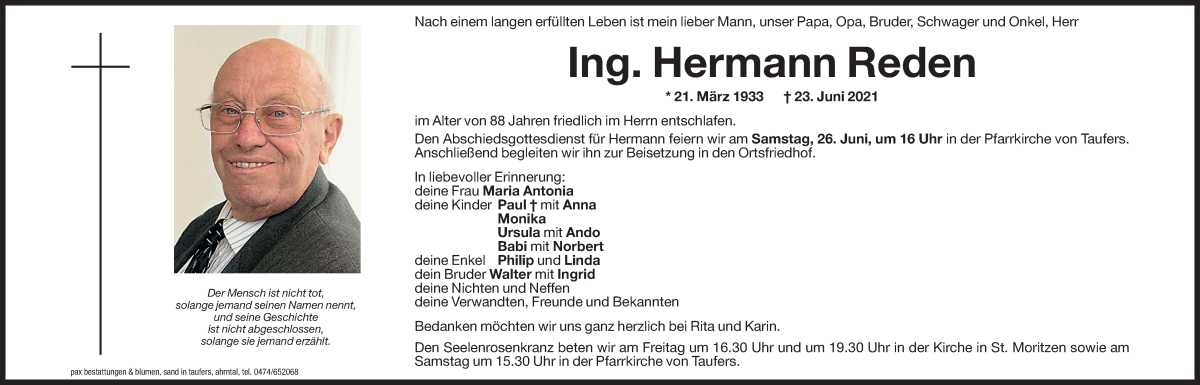  Traueranzeige für Hermann Reden vom 25.06.2021 aus Dolomiten