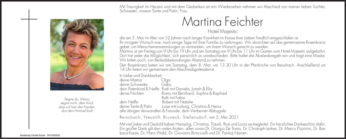  Traueranzeige für Martina Feichter vom 07.05.2021 aus Dolomiten