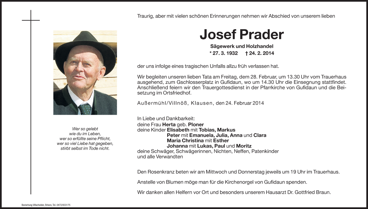  Traueranzeige für Josef Prader vom 26.02.2014 aus Dolomiten