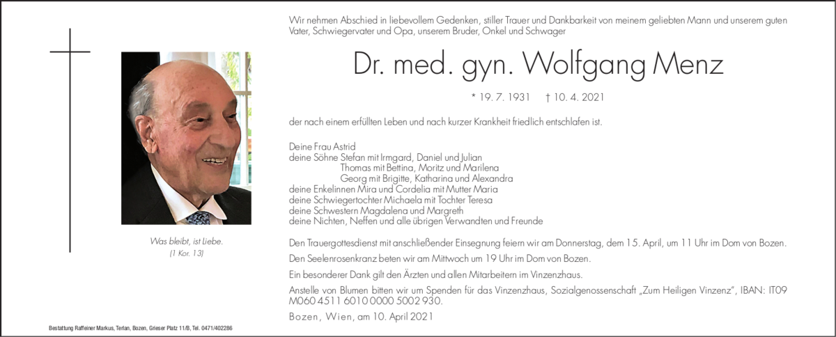  Traueranzeige für Wolfgang Menz vom 13.04.2021 aus Dolomiten