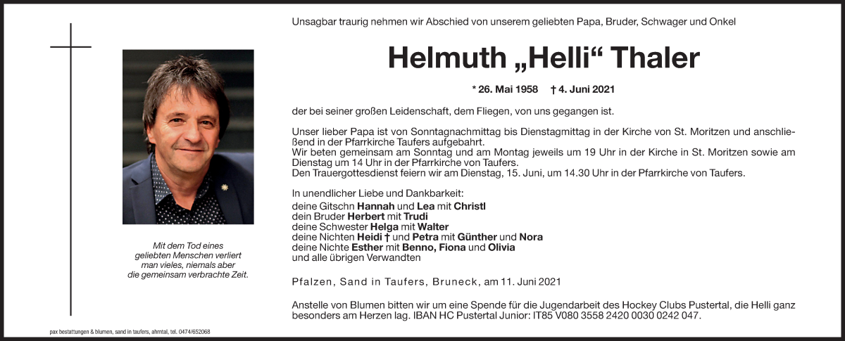  Traueranzeige für Helmuth Thaler vom 11.06.2021 aus Dolomiten