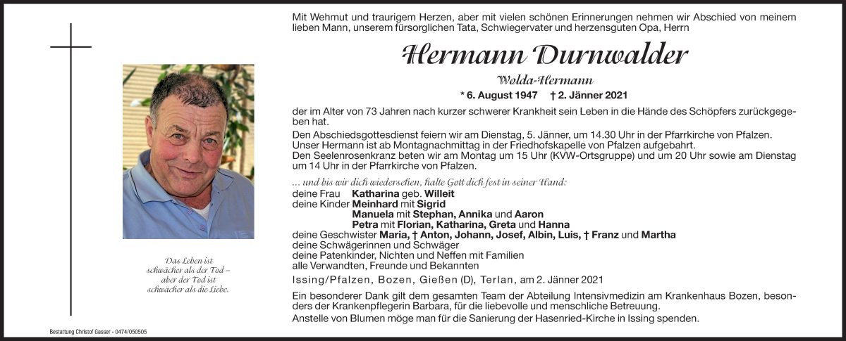  Traueranzeige für Hermann Durnwalder vom 04.01.2021 aus Dolomiten