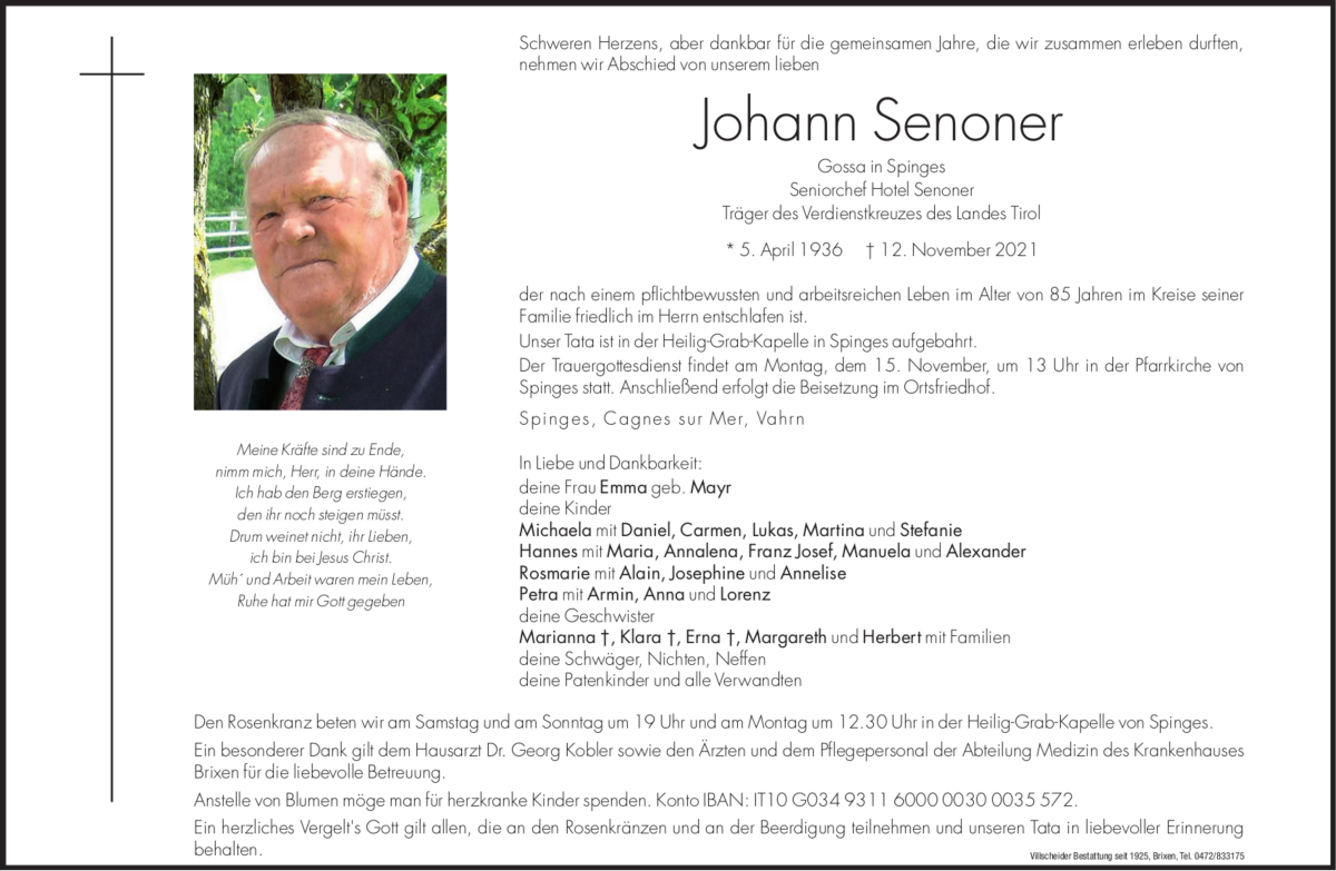  Traueranzeige für Johann Senoner vom 13.11.2021 aus Dolomiten