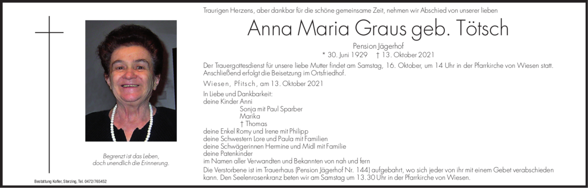  Traueranzeige für Anna Maria Graus vom 14.10.2021 aus Dolomiten