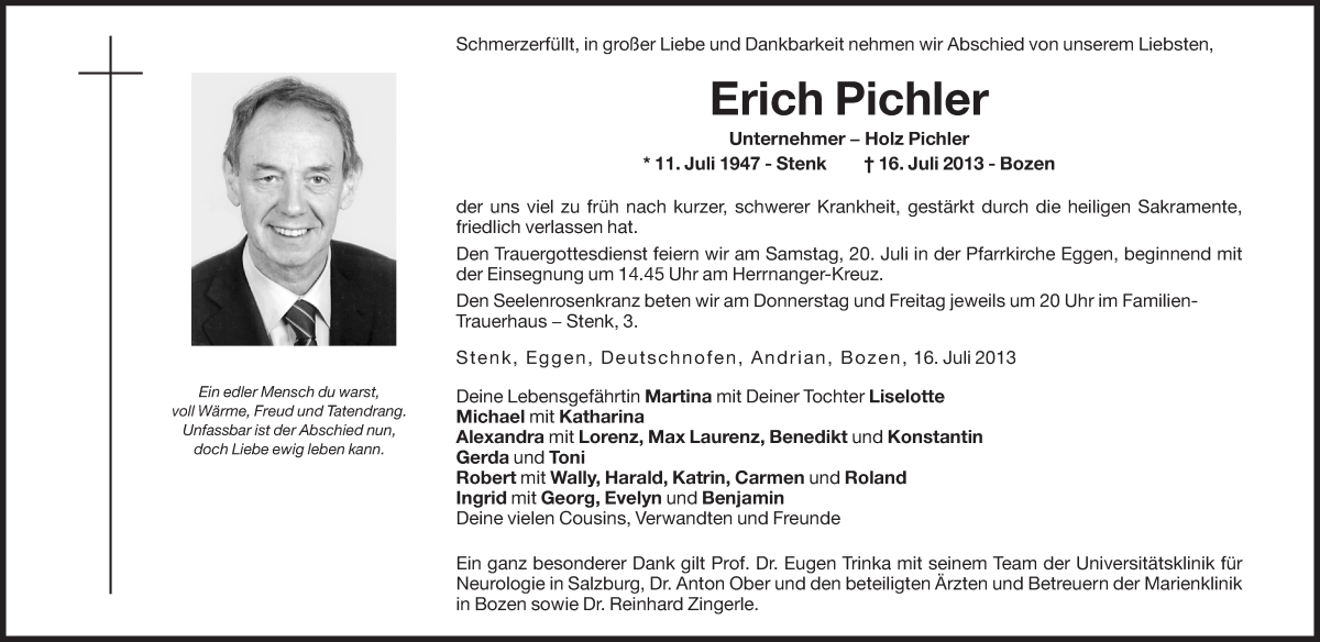  Traueranzeige für Erich Pichler vom 17.07.2013 aus Dolomiten