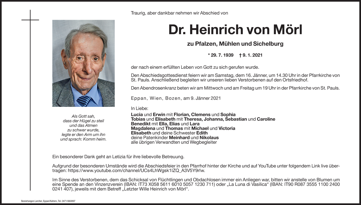  Traueranzeige für Dr. Heinrich von Mörl vom 11.01.2021 aus Dolomiten