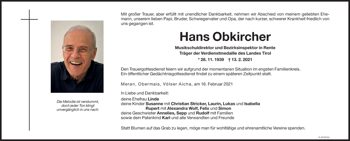  Traueranzeige für Hans Obkircher vom 17.02.2021 aus Dolomiten