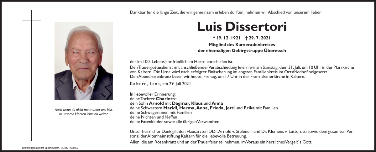  Traueranzeige für Luis Dissertori vom 30.07.2021 aus Dolomiten