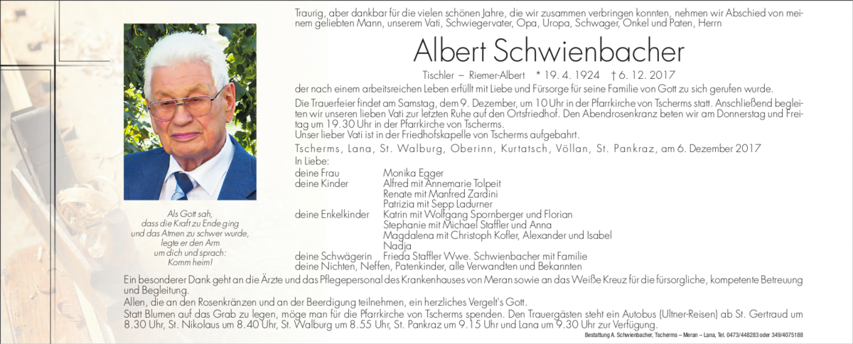  Traueranzeige für Albert Schwienbacher vom 07.12.2017 aus Dolomiten
