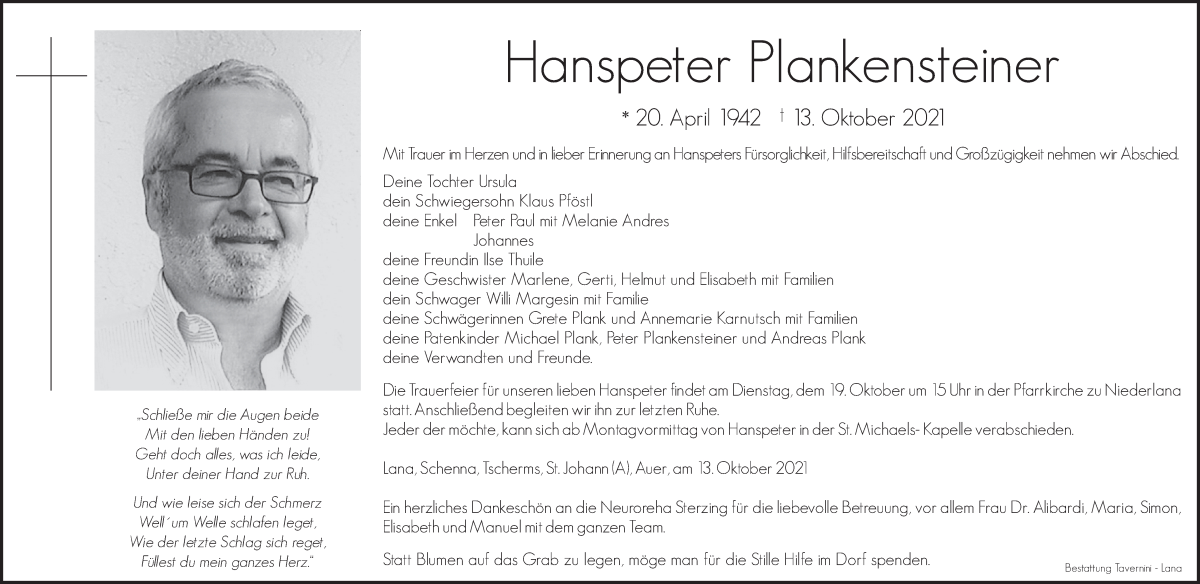  Traueranzeige für Hanspeter Plankensteiner vom 16.10.2021 aus Dolomiten
