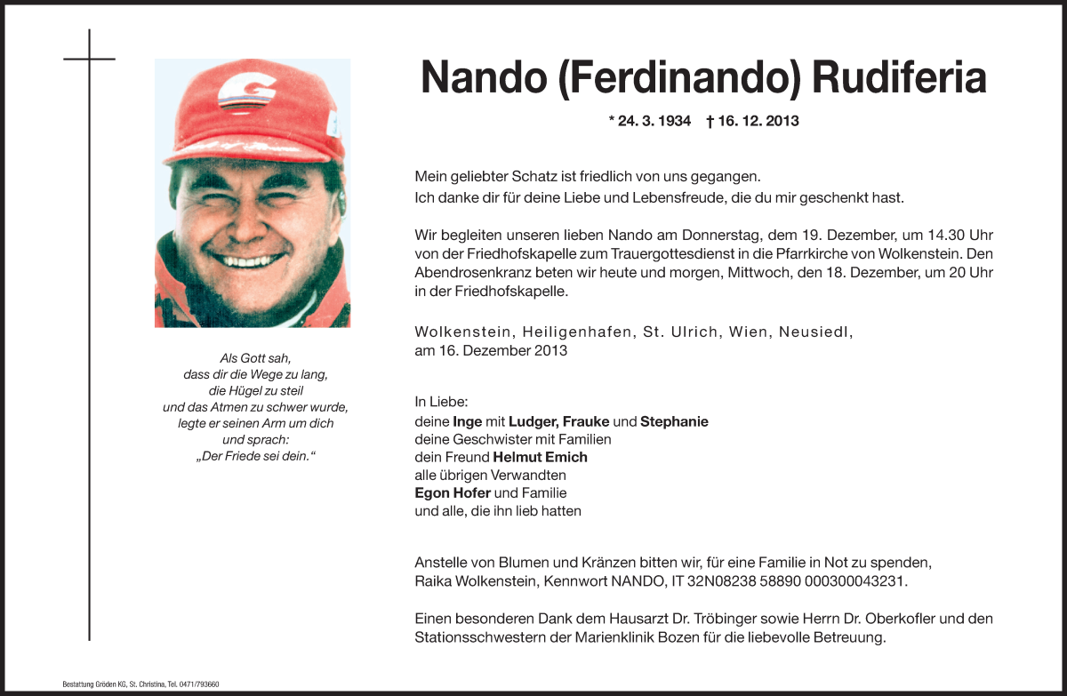  Traueranzeige für Nando Rudiferia vom 17.12.2013 aus Dolomiten
