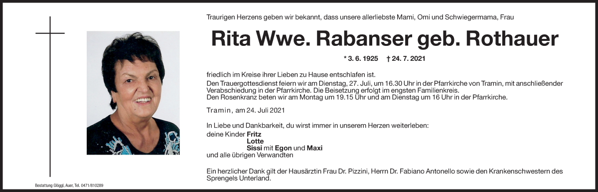  Traueranzeige für Rita Rabanser vom 26.07.2021 aus Dolomiten