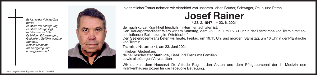  Traueranzeige für Josef Rainer vom 25.06.2021 aus Dolomiten