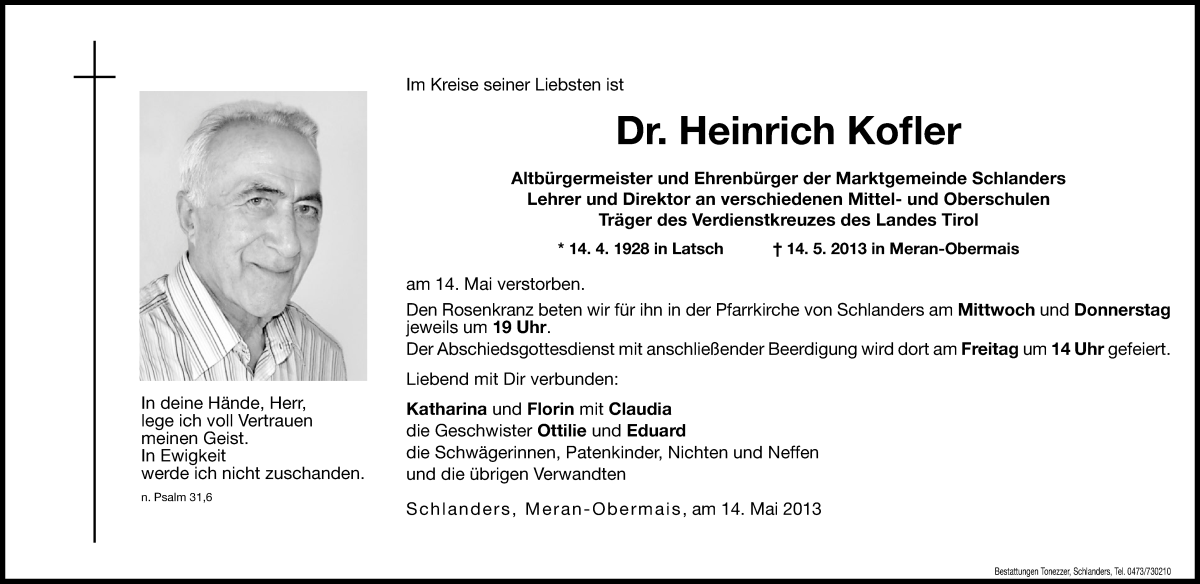  Traueranzeige für Heinrich Kofler vom 15.05.2013 aus Dolomiten