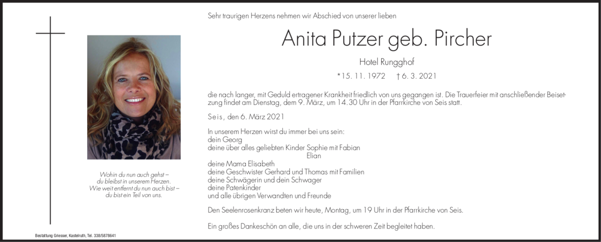  Traueranzeige für Anita Putzer vom 08.03.2021 aus Dolomiten