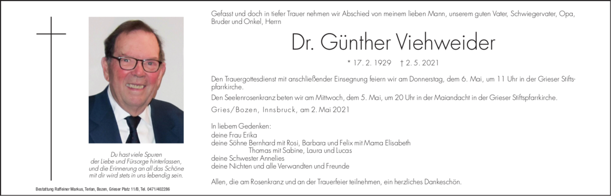  Traueranzeige für Günther Viehweider vom 04.05.2021 aus Dolomiten