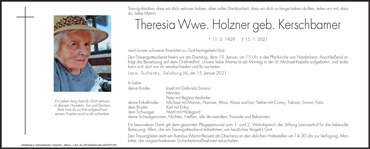  Traueranzeige für Theresia Holzner vom 16.01.2021 aus Dolomiten