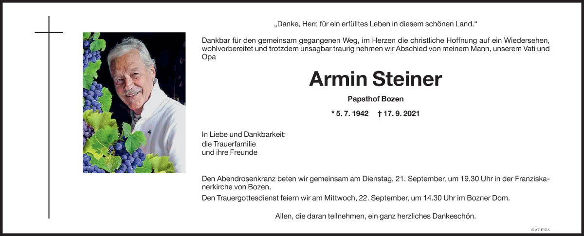  Traueranzeige für Armin Steiner vom 20.09.2021 aus Dolomiten