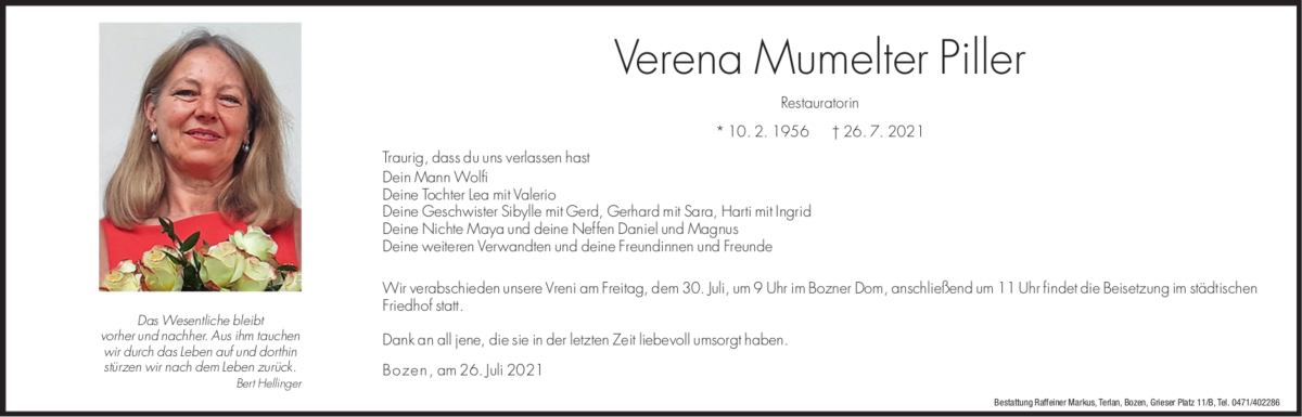  Traueranzeige für Verena Piller vom 28.07.2021 aus Dolomiten