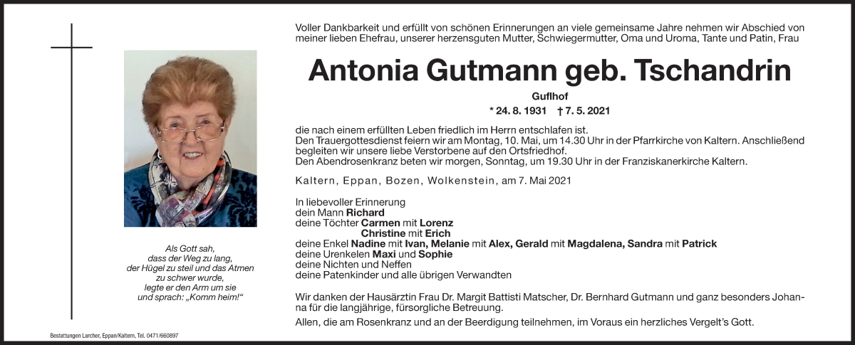  Traueranzeige für Antonia Gutmann vom 08.05.2021 aus Dolomiten