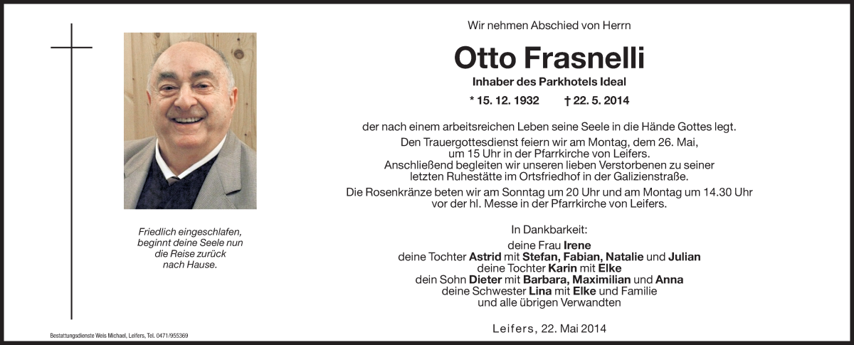  Traueranzeige für Otto Frasnelli vom 24.05.2014 aus Dolomiten