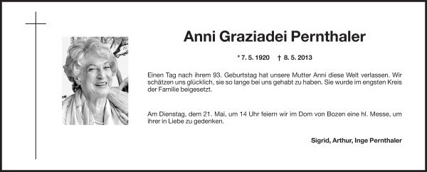 Traueranzeige von Anni Graziadei Pernthaler von Dolomiten