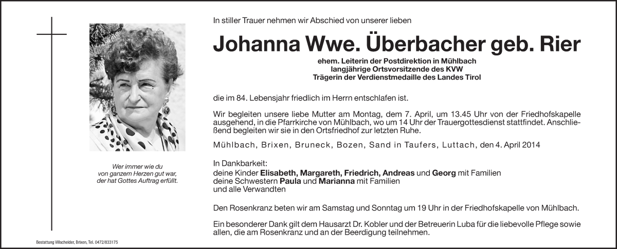  Traueranzeige für Johanna Überbacher vom 05.04.2014 aus Dolomiten