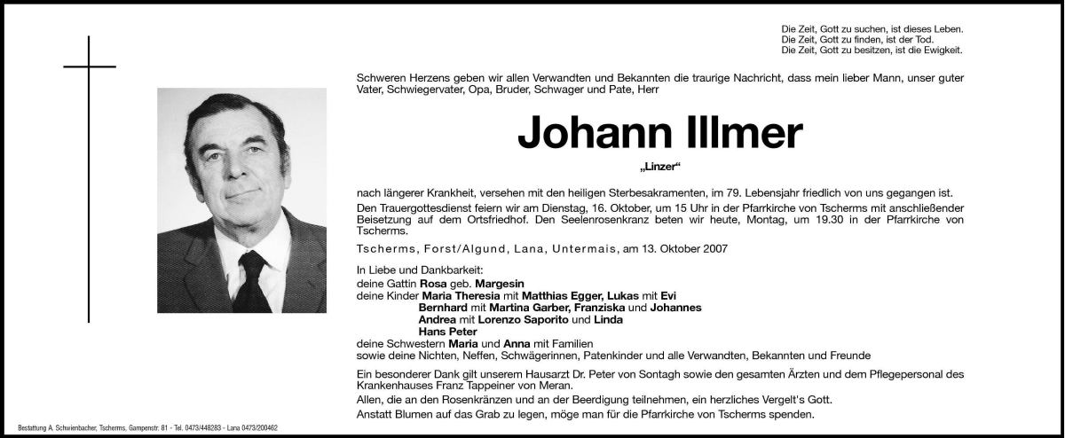  Traueranzeige für Johann Illmer vom 15.10.2007 aus Dolomiten