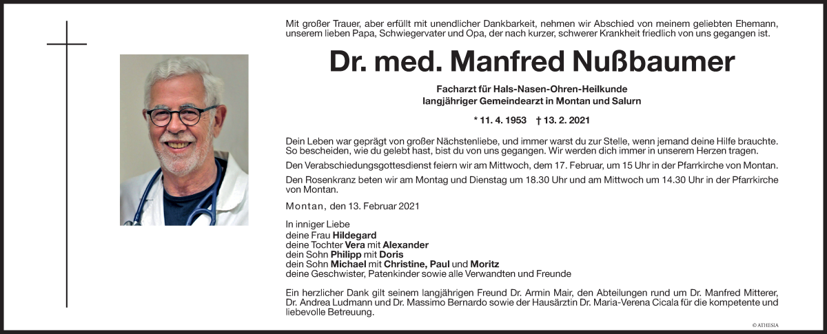  Traueranzeige für Manfred Nußbaumer vom 15.02.2021 aus Dolomiten