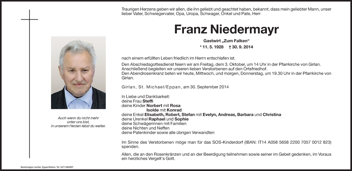  Traueranzeige für Franz Niedermayr vom 01.10.2014 aus Dolomiten
