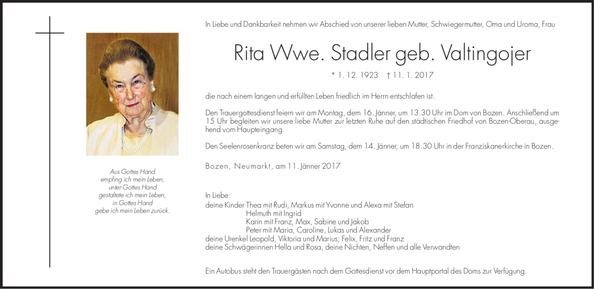  Traueranzeige für Rita Stadler vom 13.01.2017 aus Dolomiten