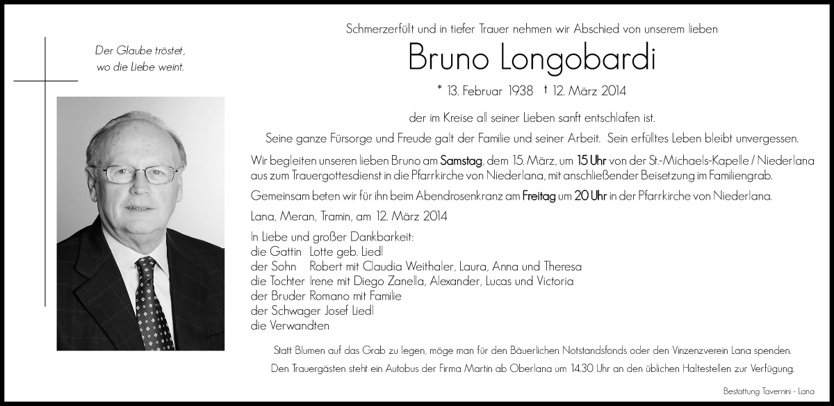  Traueranzeige für Bruno Longobardi vom 14.03.2014 aus Dolomiten