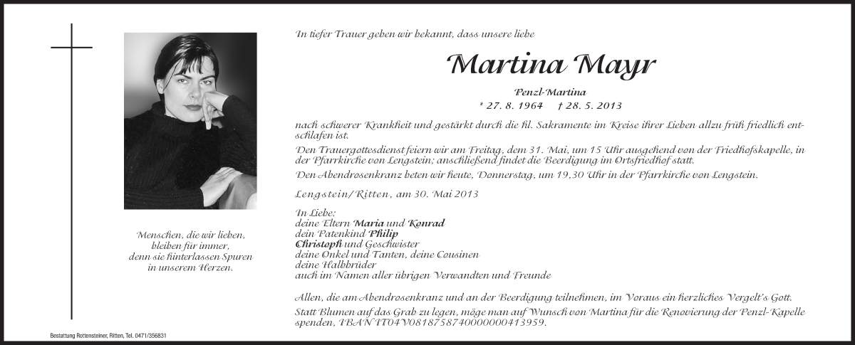  Traueranzeige für Martina Mayr vom 30.05.2013 aus Dolomiten