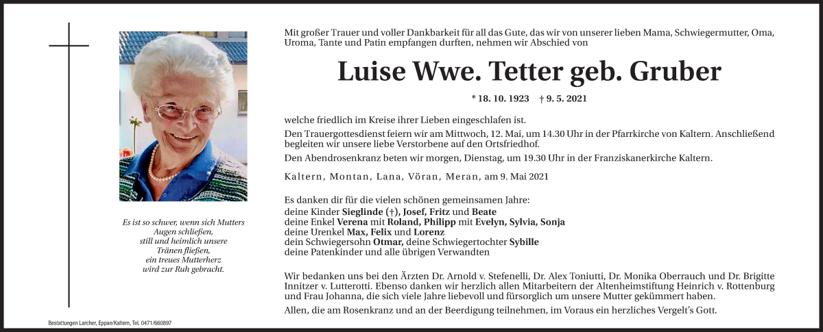 Traueranzeige für Luise Tetter vom 10.05.2021 aus Dolomiten
