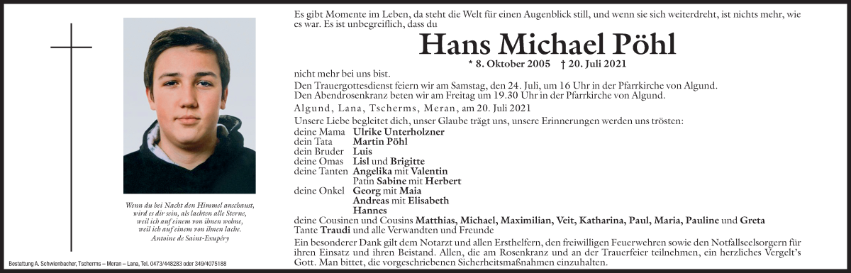  Traueranzeige für Hans Michael Pöhl vom 23.07.2021 aus Dolomiten