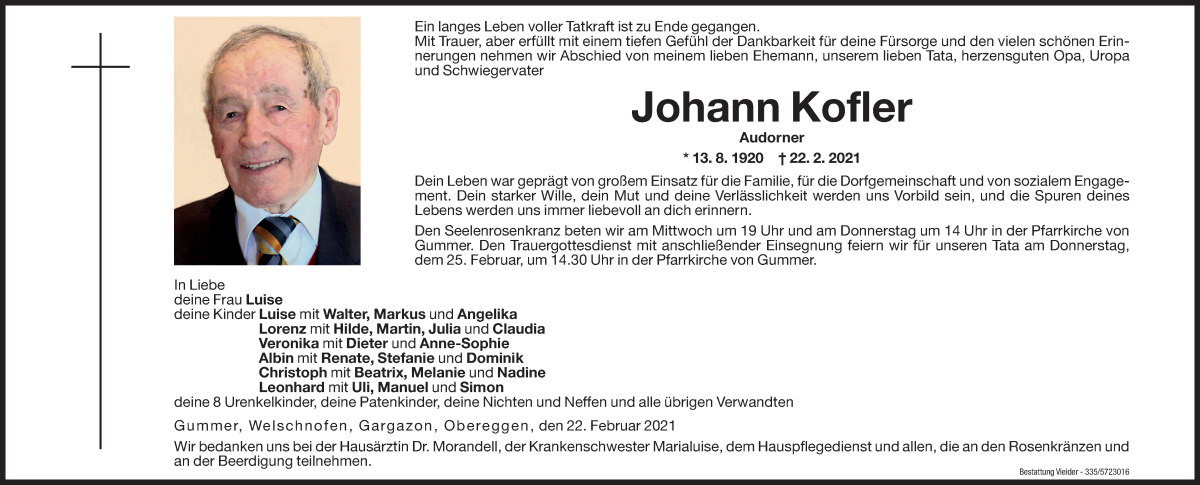  Traueranzeige für Johann Kofler vom 23.02.2021 aus Dolomiten