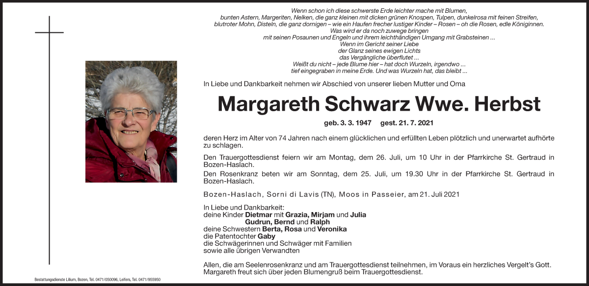  Traueranzeige für Margareth Herbst vom 24.07.2021 aus Dolomiten