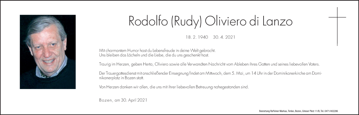  Traueranzeige für Rodolfo Oliviero  di Lanzo vom 03.05.2021 aus Dolomiten