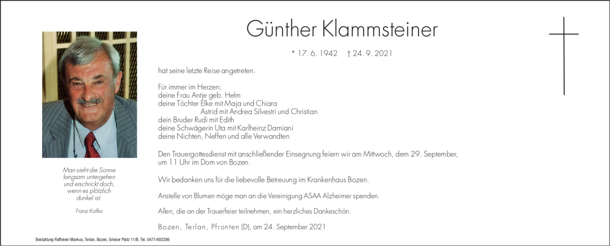  Traueranzeige für Günther Klammsteiner vom 27.09.2021 aus Dolomiten