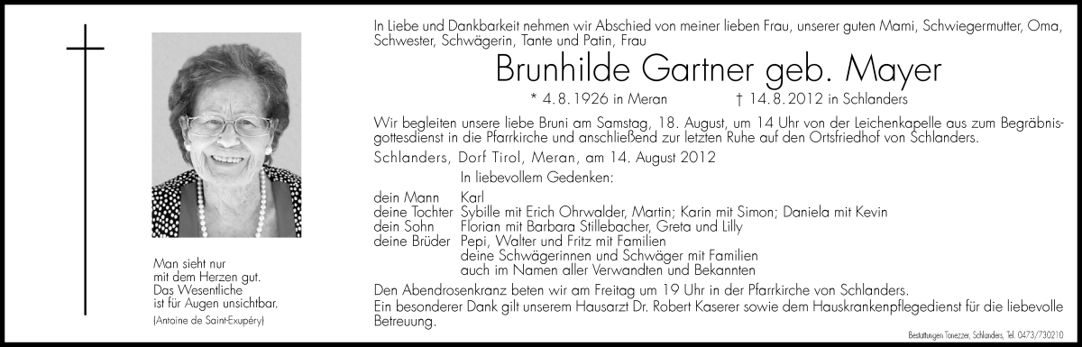 Traueranzeige für Brunhilde Gartner vom 17.08.2012 aus Dolomiten