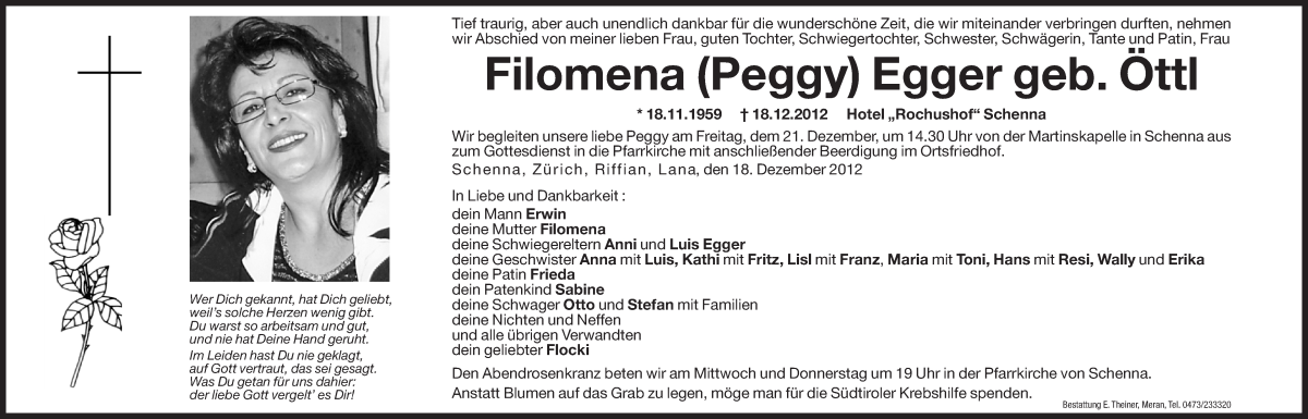  Traueranzeige für Peggy Egger vom 19.12.2012 aus Dolomiten