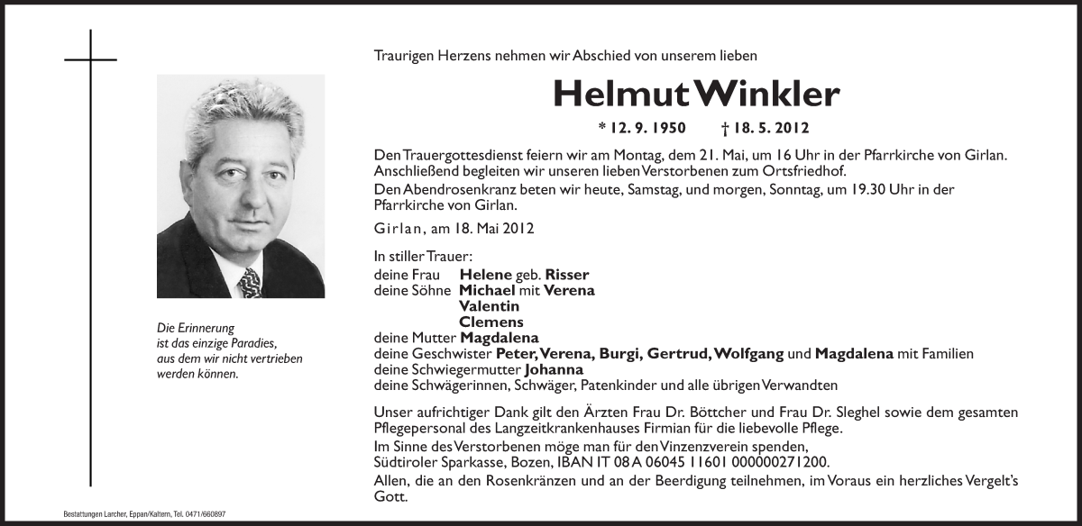  Traueranzeige für Helmut Winkler vom 19.05.2012 aus Dolomiten