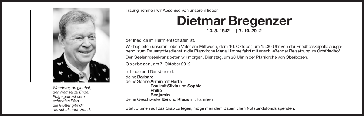  Traueranzeige für Dietmar Bregenzer vom 08.10.2012 aus Dolomiten
